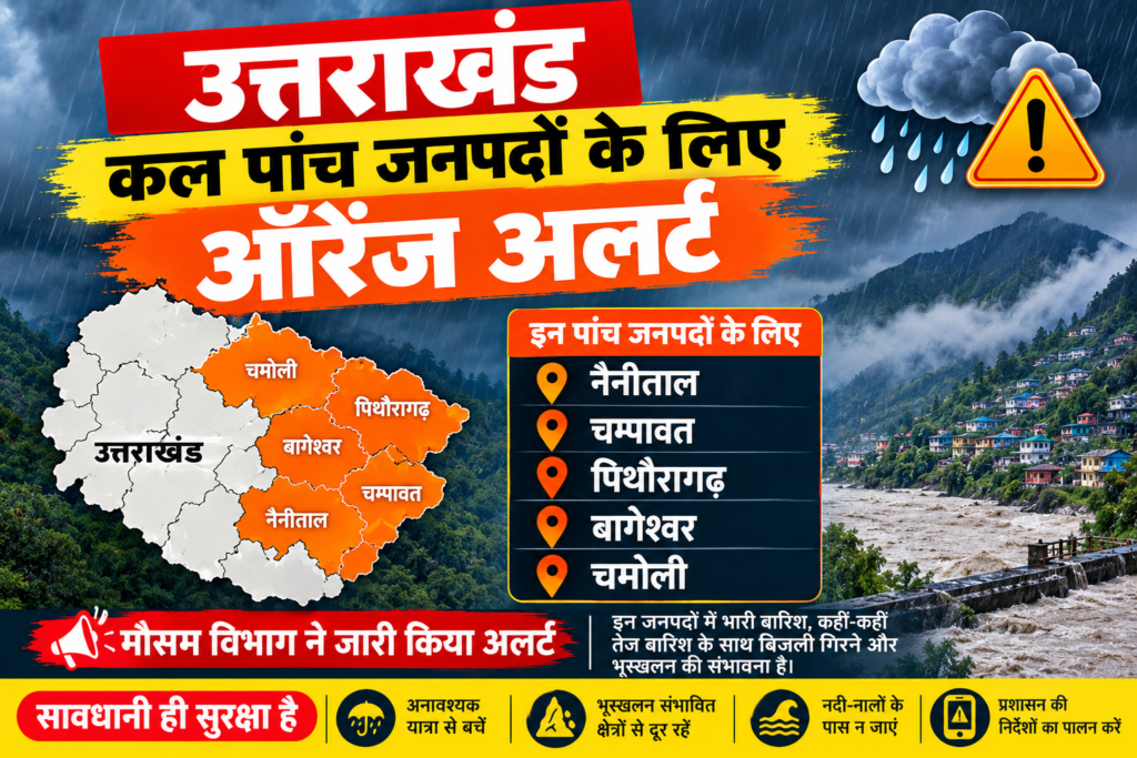 उत्तराखंड: कल पांच जनपदों के लिए ऑरेंज अलर्ट